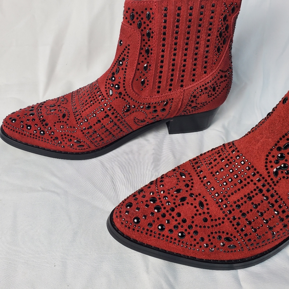 Bibi Lou Red Suede Rhinestone Western Ankle Boots in EU Size 38, US 7.5. - Picture 2 of 13